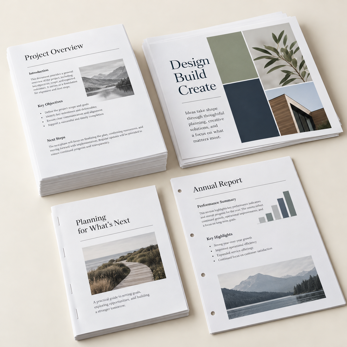 Generic document printing mockup with black-and-white and color copies, a stapled packet, and hole-punched sheets